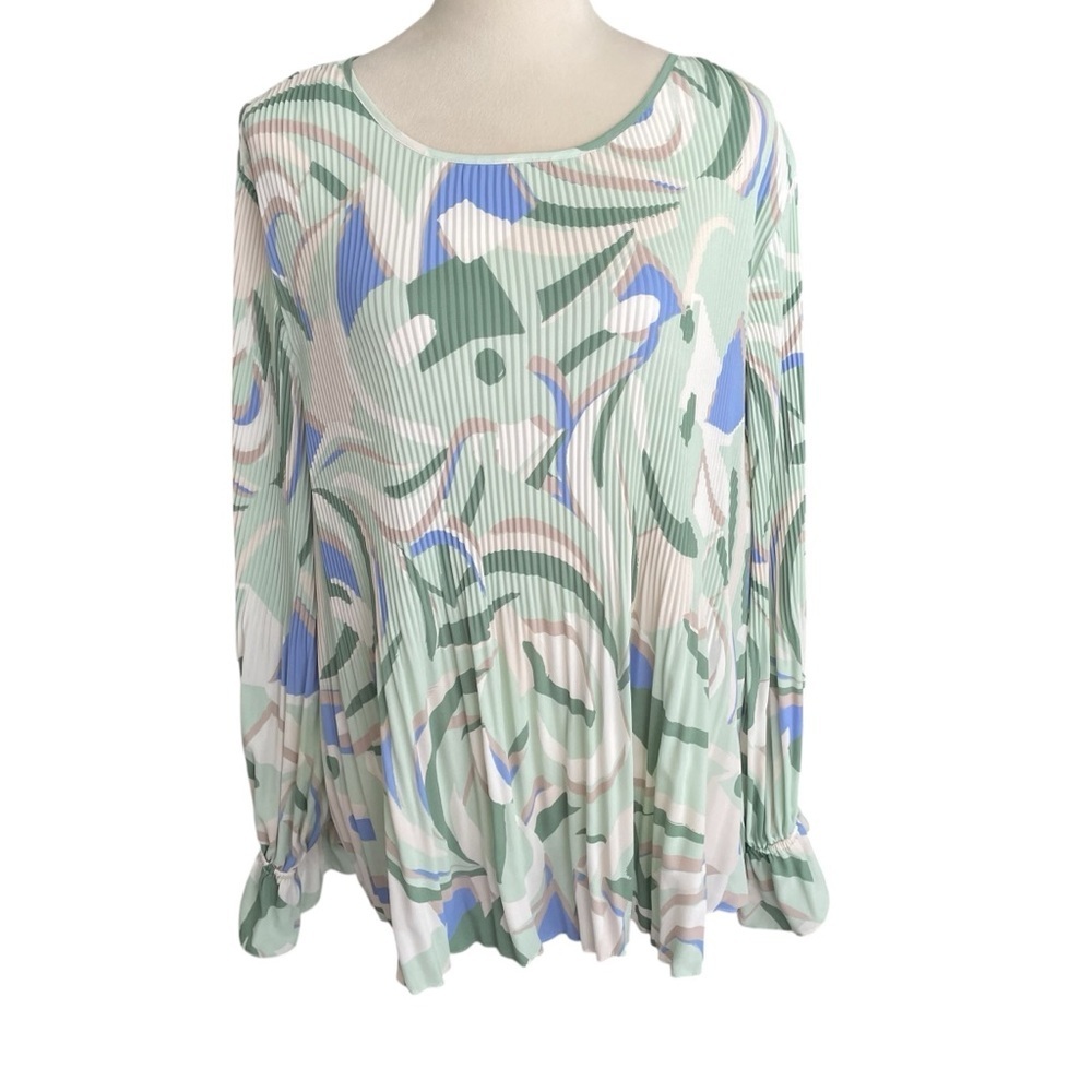 Nine West Pleated Flowy Abstract Pastel Green Lavender Feminine Top Women Sz 1X